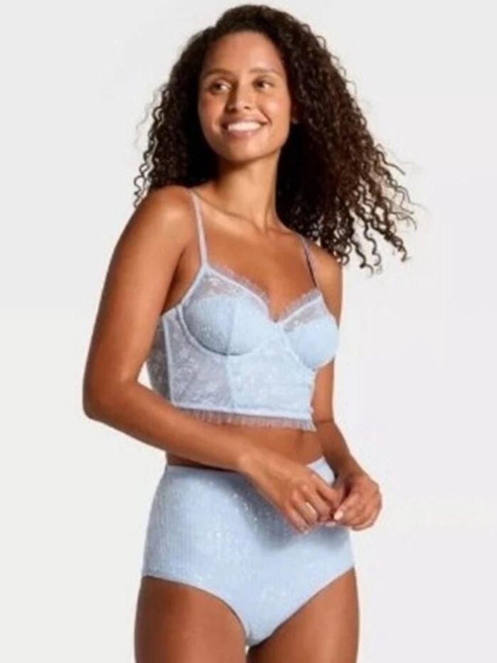 NWT wild fable Light Blue Sequin Lace Longline Bralette & High-Waist Panty